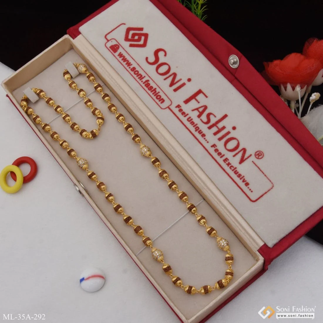 1 Gram Gold Plated Etched Design Rudraksha Mala for Men - Style A292 - Image 4