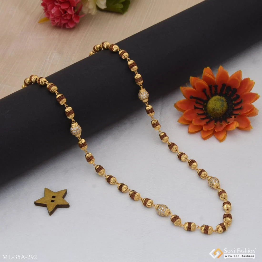 1 Gram Gold Plated Etched Design Rudraksha Mala for Men - Style A292 - Image 5