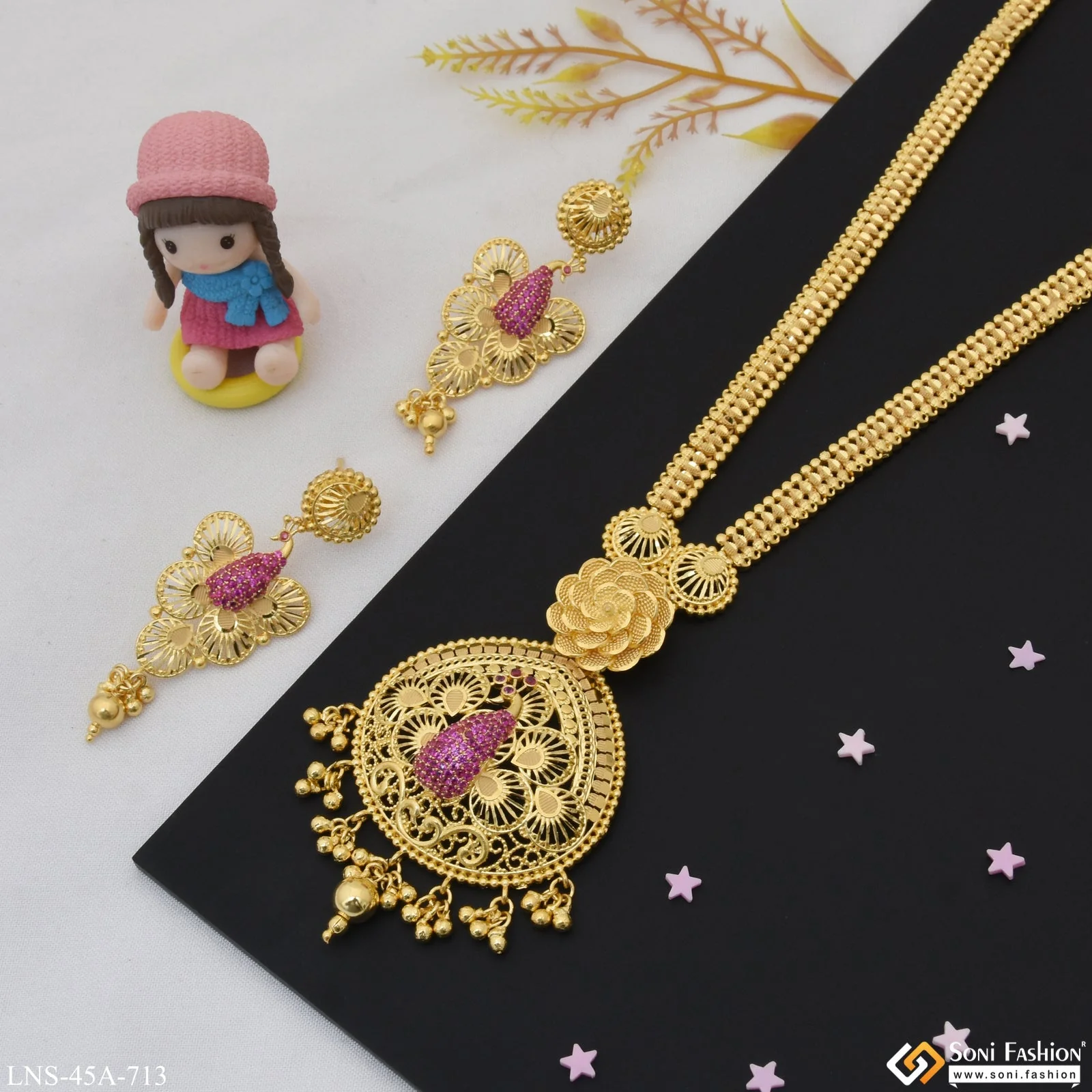1 Gram Gold Plated Eye-Catching Design Rani Haar Necklace Set for Women - Style A713 - Image 3