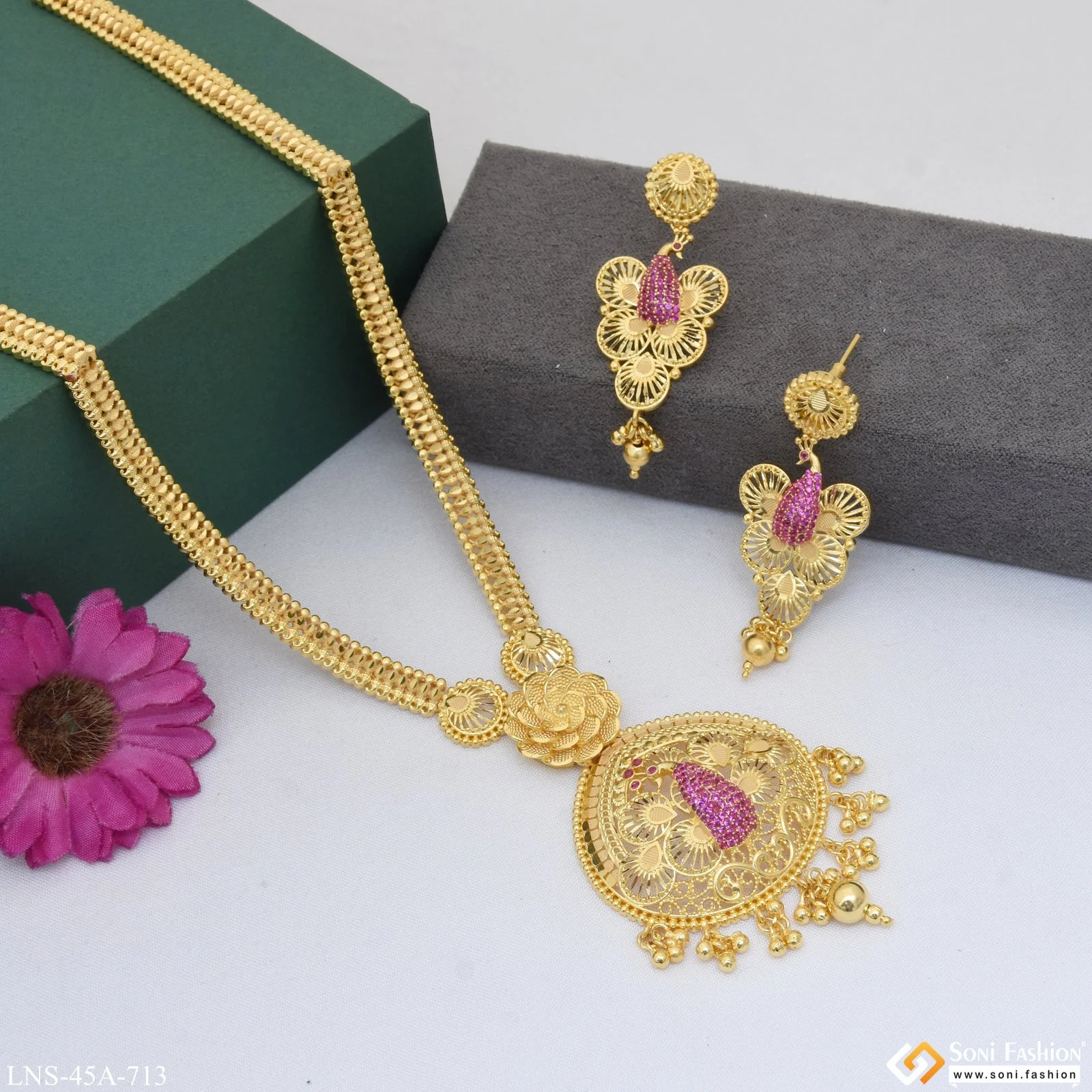1 Gram Gold Plated Eye-Catching Design Rani Haar Necklace Set for Women - Style A713 - Image 4