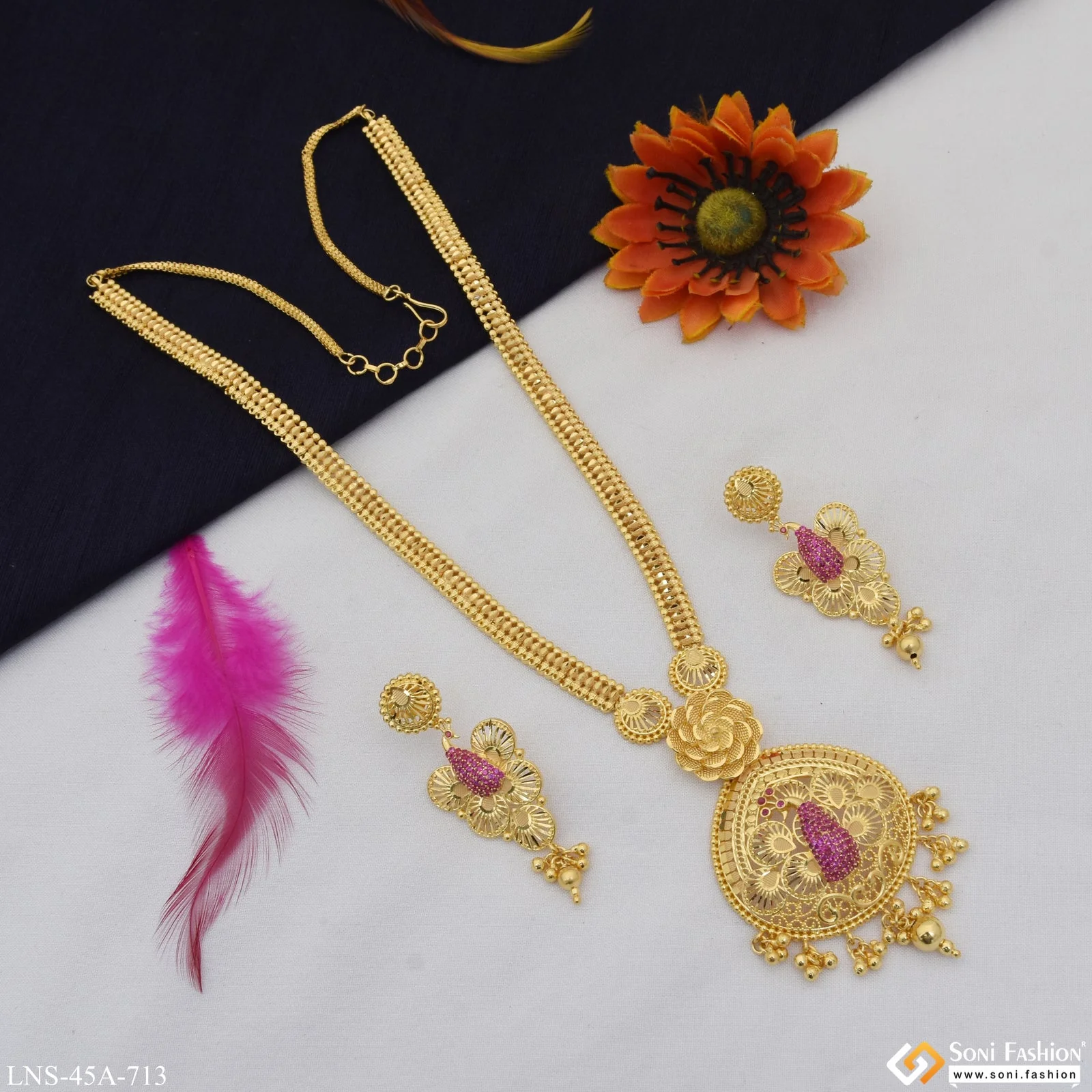 1 Gram Gold Plated Eye-Catching Design Rani Haar Necklace Set for Women - Style A713 - Image 5