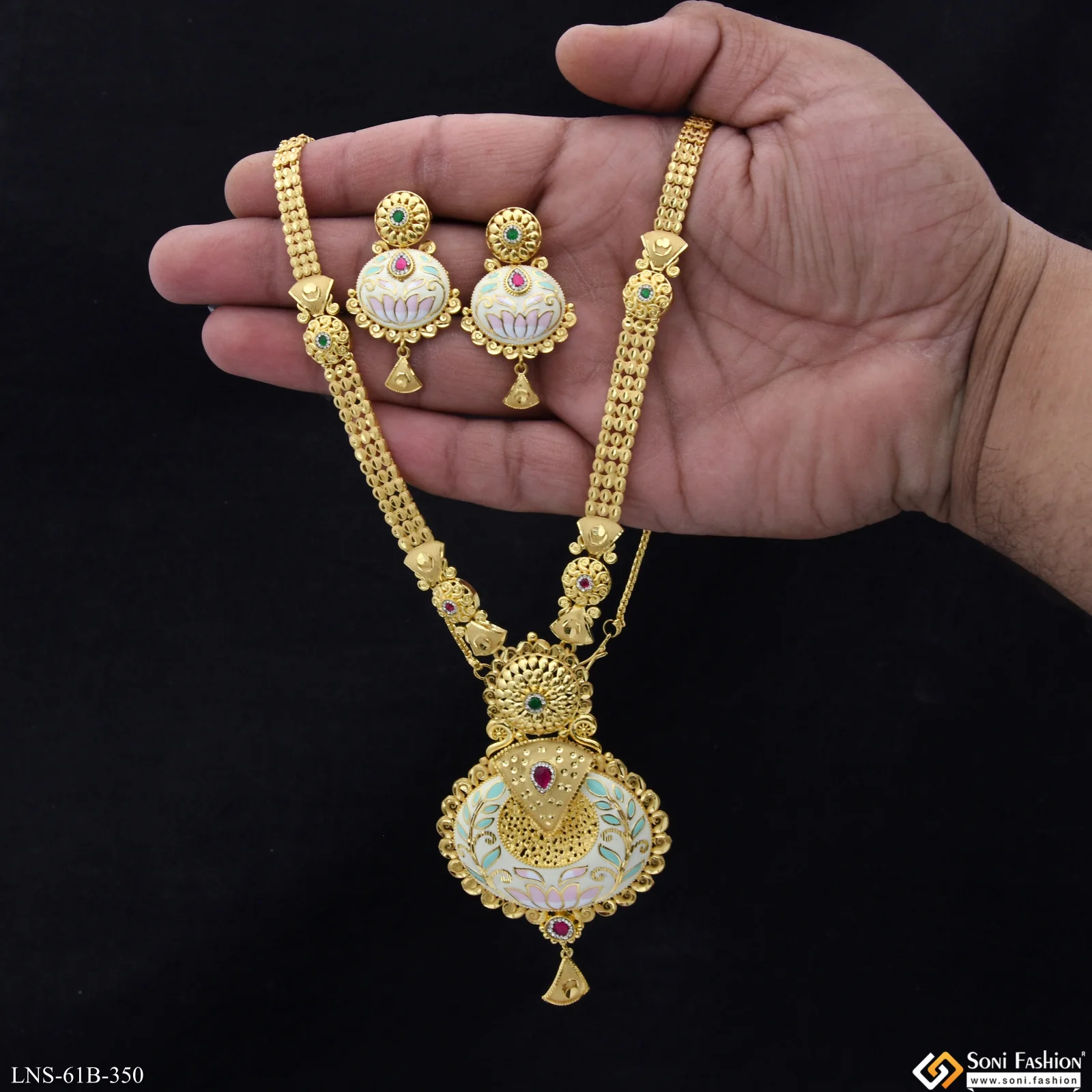 1 Gram Gold Plated Fancy Design Long Necklace Set for Women - Style B350 - Image 2