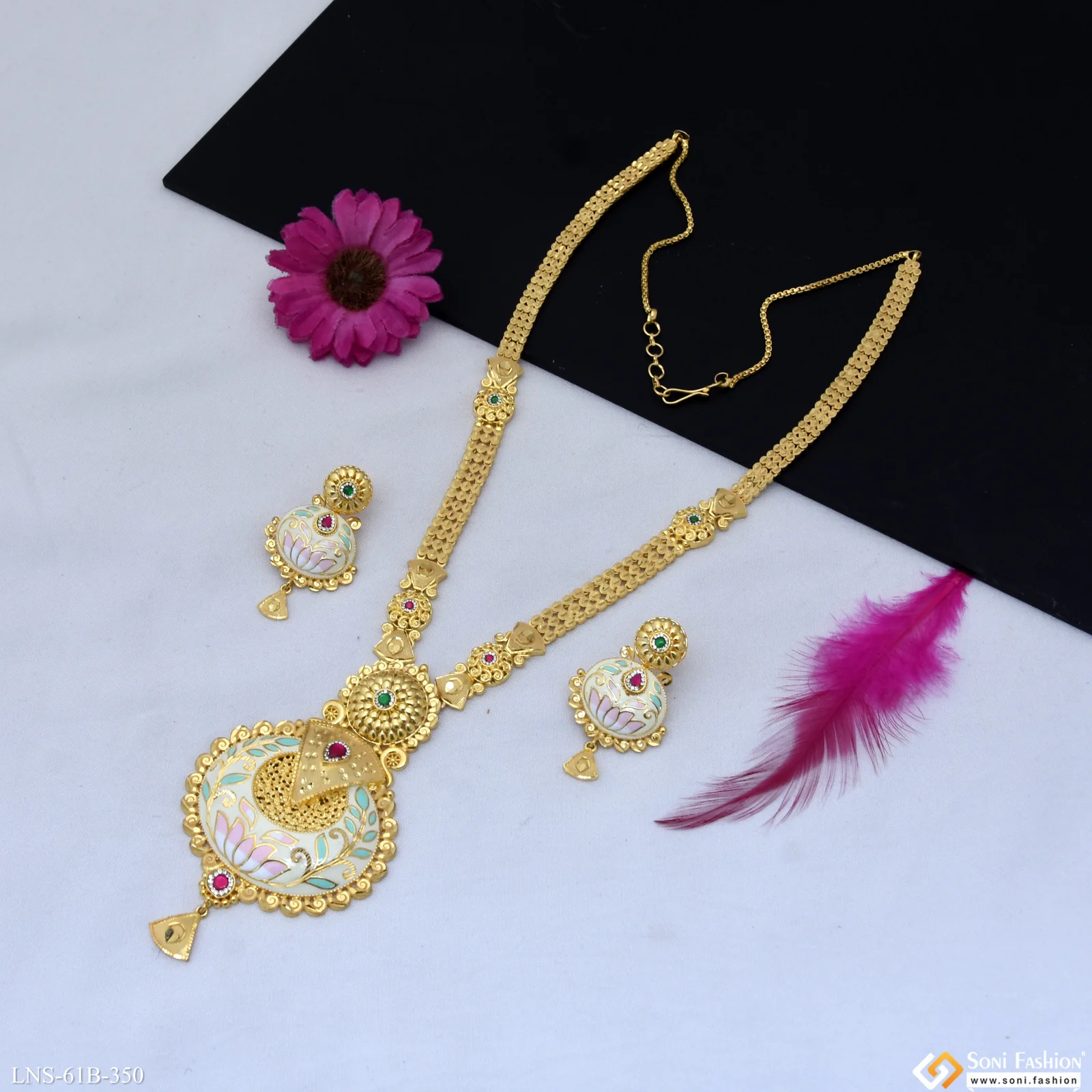 1 Gram Gold Plated Fancy Design Long Necklace Set for Women - Style B350 - Image 3