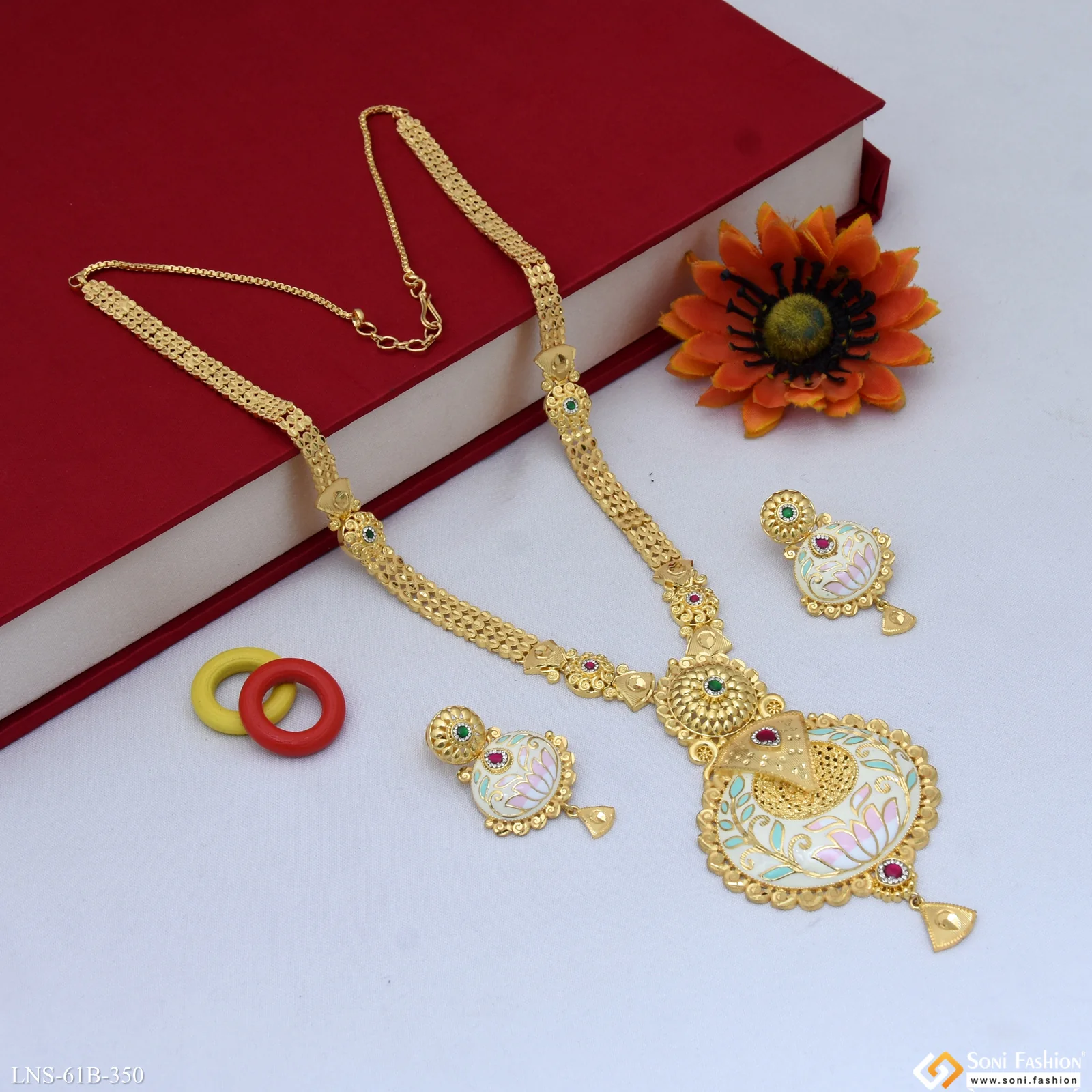 1 Gram Gold Plated Fancy Design Long Necklace Set for Women - Style B350 - Image 4