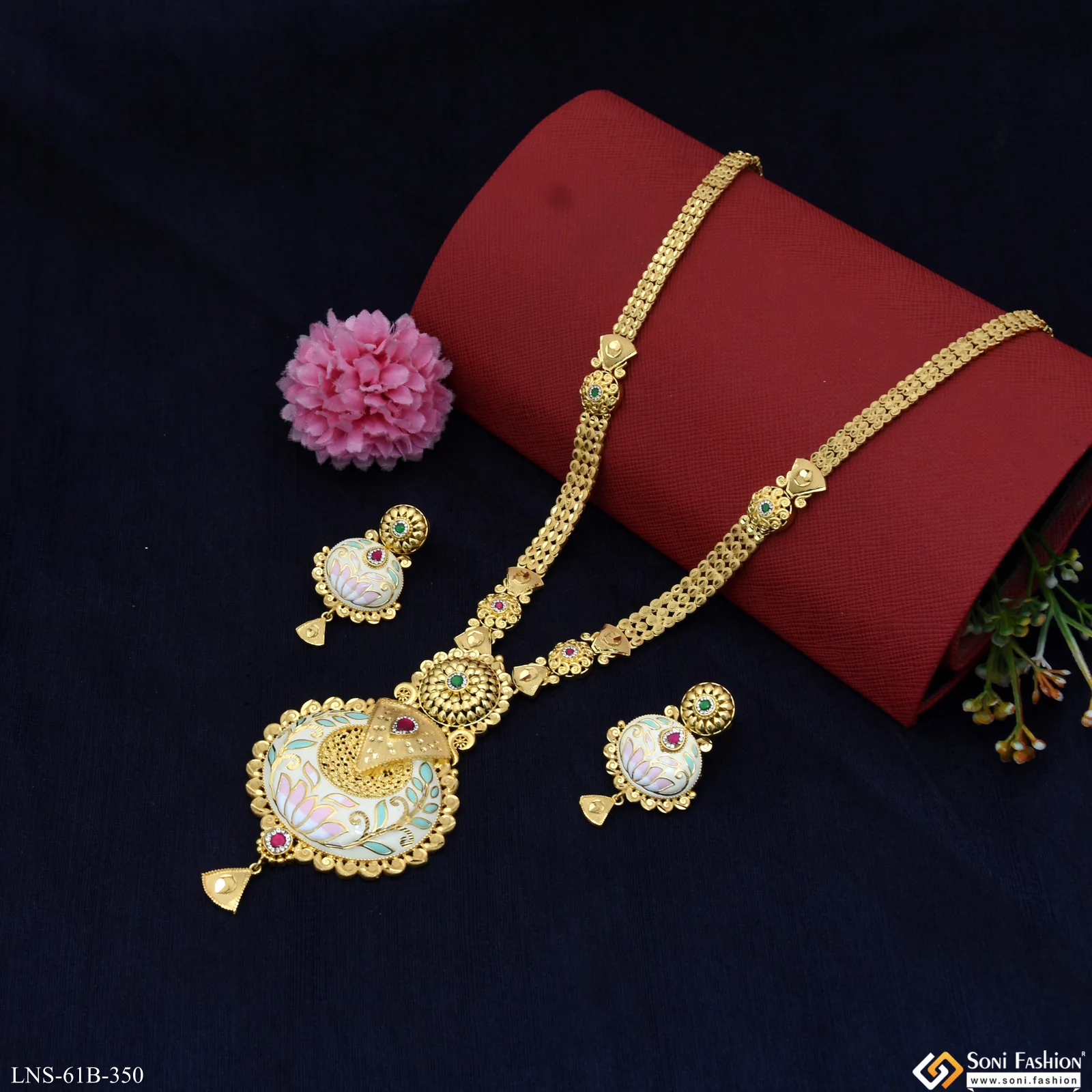 1 Gram Gold Plated Fancy Design Long Necklace Set for Women - Style B350 - Image 5