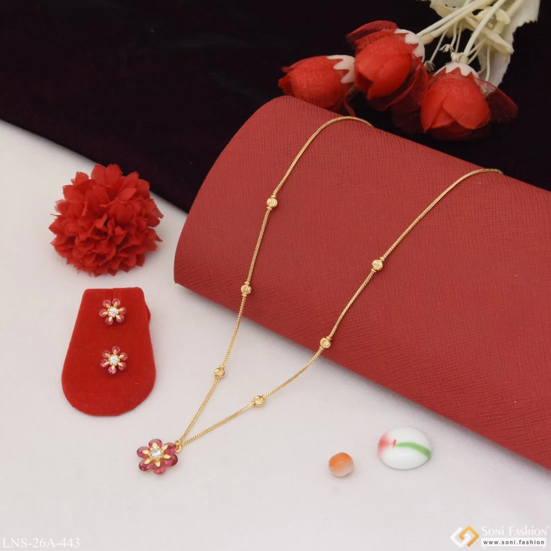1 Gram Gold Plated Flower With Diamond Designer Necklace Set For Ladies - Style A443 - Image 2
