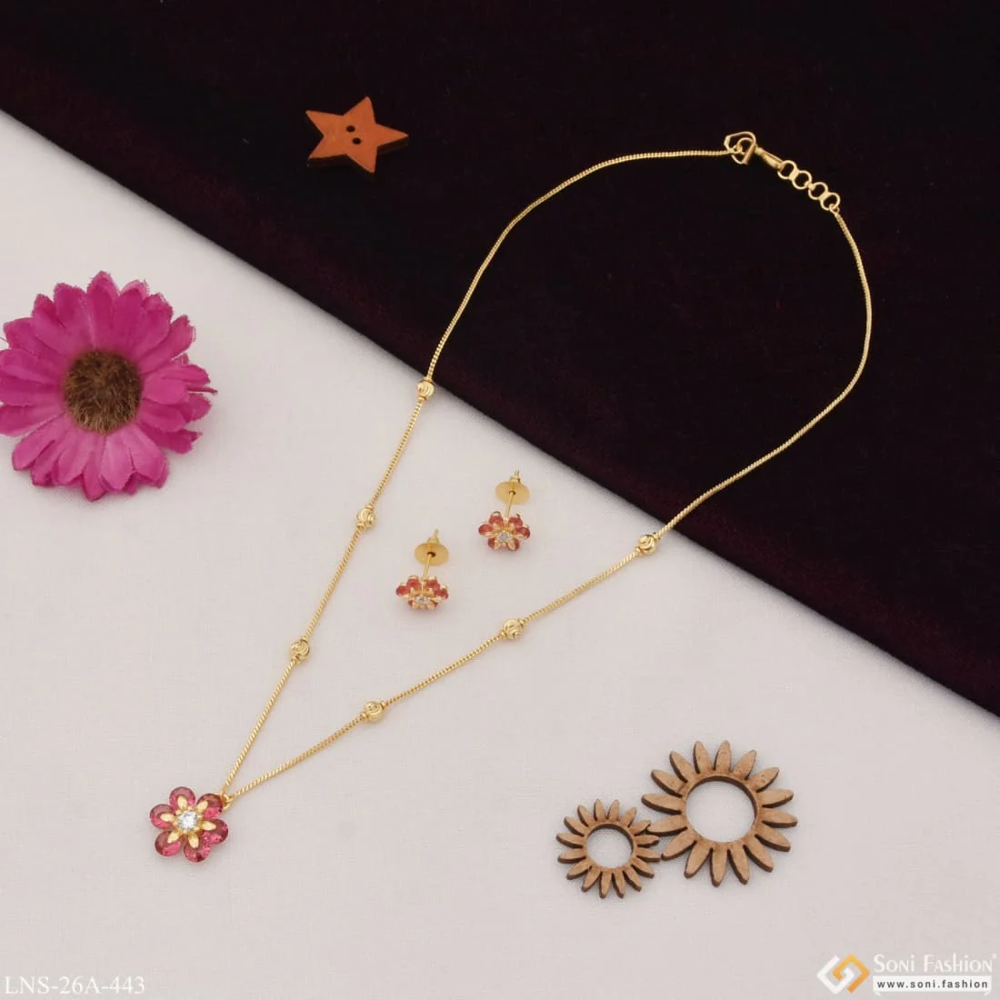 1 Gram Gold Plated Flower With Diamond Designer Necklace Set For Ladies - Style A443 - Image 3