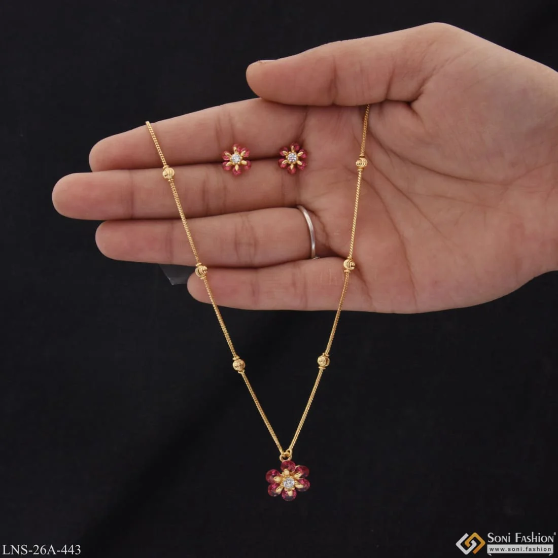 1 Gram Gold Plated Flower With Diamond Designer Necklace Set For Ladies - Style A443 - Image 4