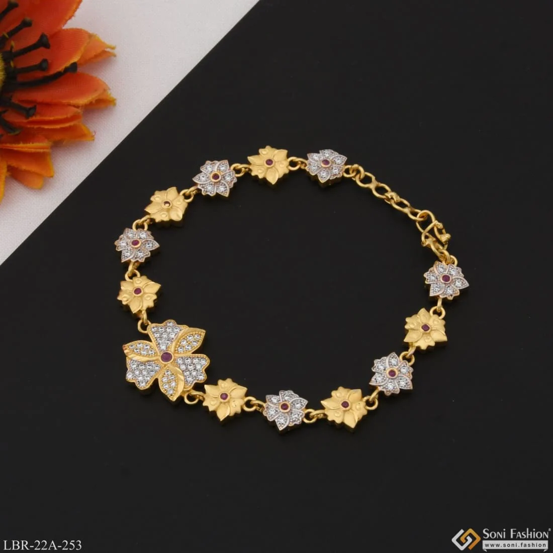 1 Gram Gold Plated Flower With Diamond Funky Design Bracelet For Ladies - Style A253 - Image 2
