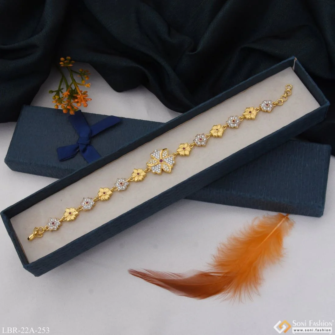 1 Gram Gold Plated Flower With Diamond Funky Design Bracelet For Ladies - Style A253 - Image 3