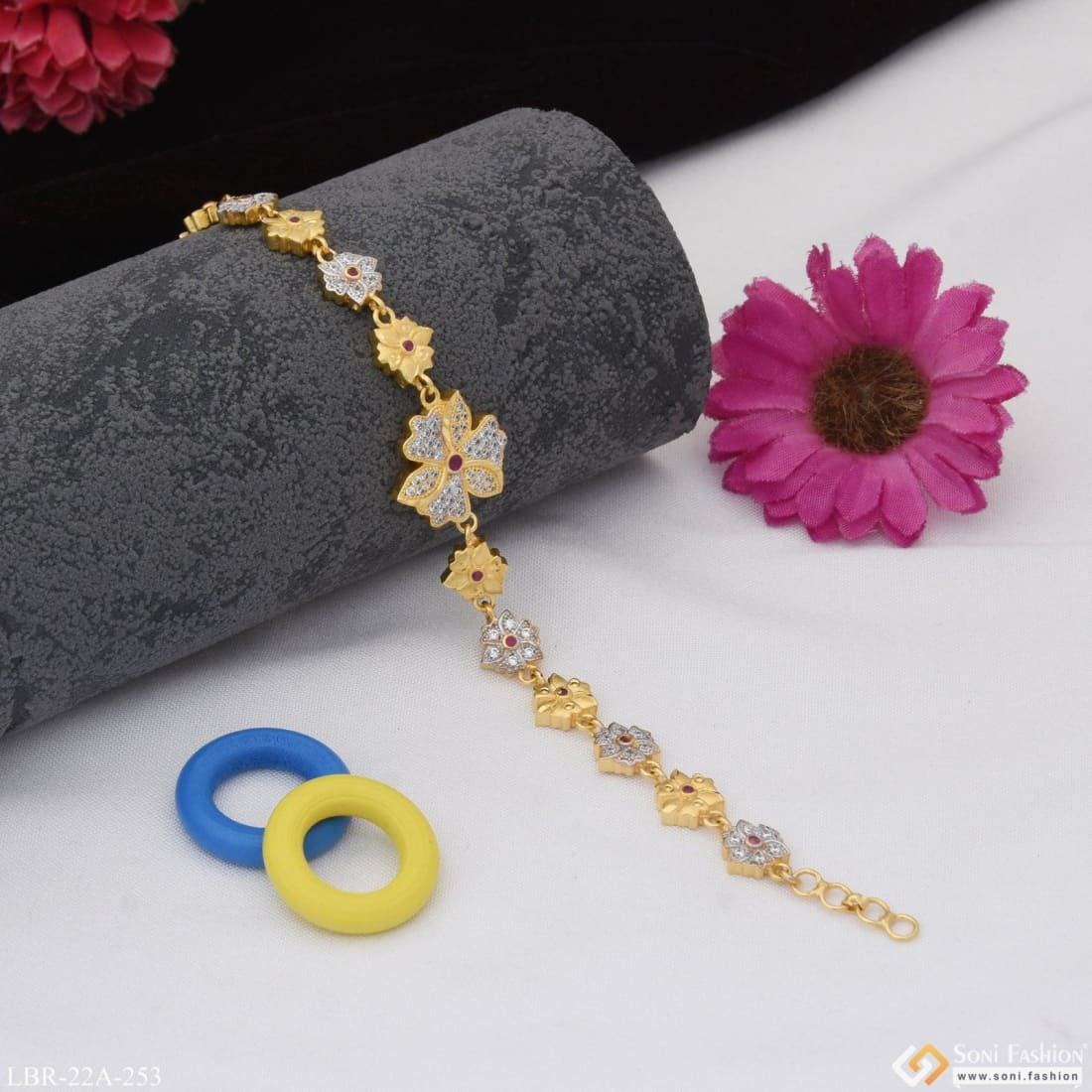 1 Gram Gold Plated Flower With Diamond Funky Design Bracelet For Ladies - Style A253 - Image 5