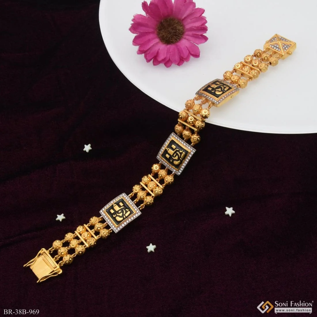 1 Gram Gold Plated Ganpati with Diamond Delicate Design Bracelet for Men - Style B969 - Image 3