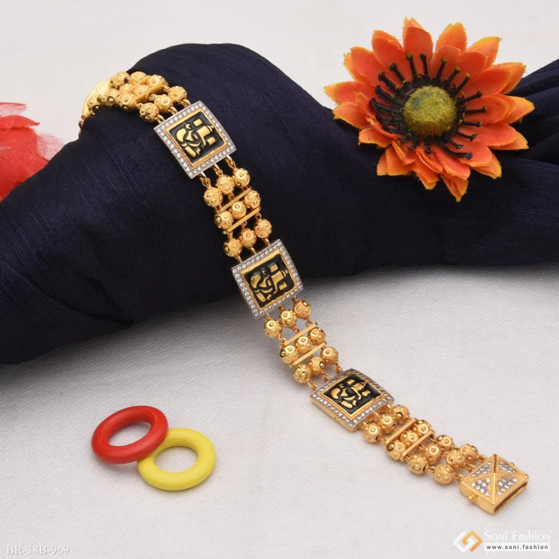 1 Gram Gold Plated Ganpati with Diamond Delicate Design Bracelet for Men - Style B969 - Image 4