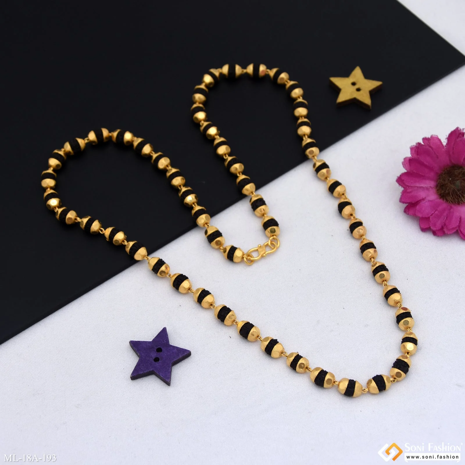 1 Gram Gold Plated Glittering Design Black Rudraksha Mala for Men - Style A193 - Image 3