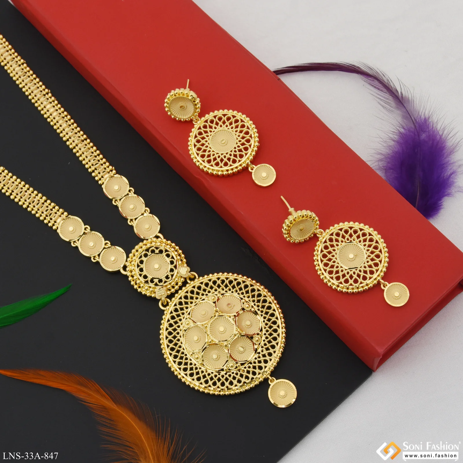 1 Gram Gold Plated Gorgeous Design Rani Haar Necklace Set for Women - Style A847 - Image 4