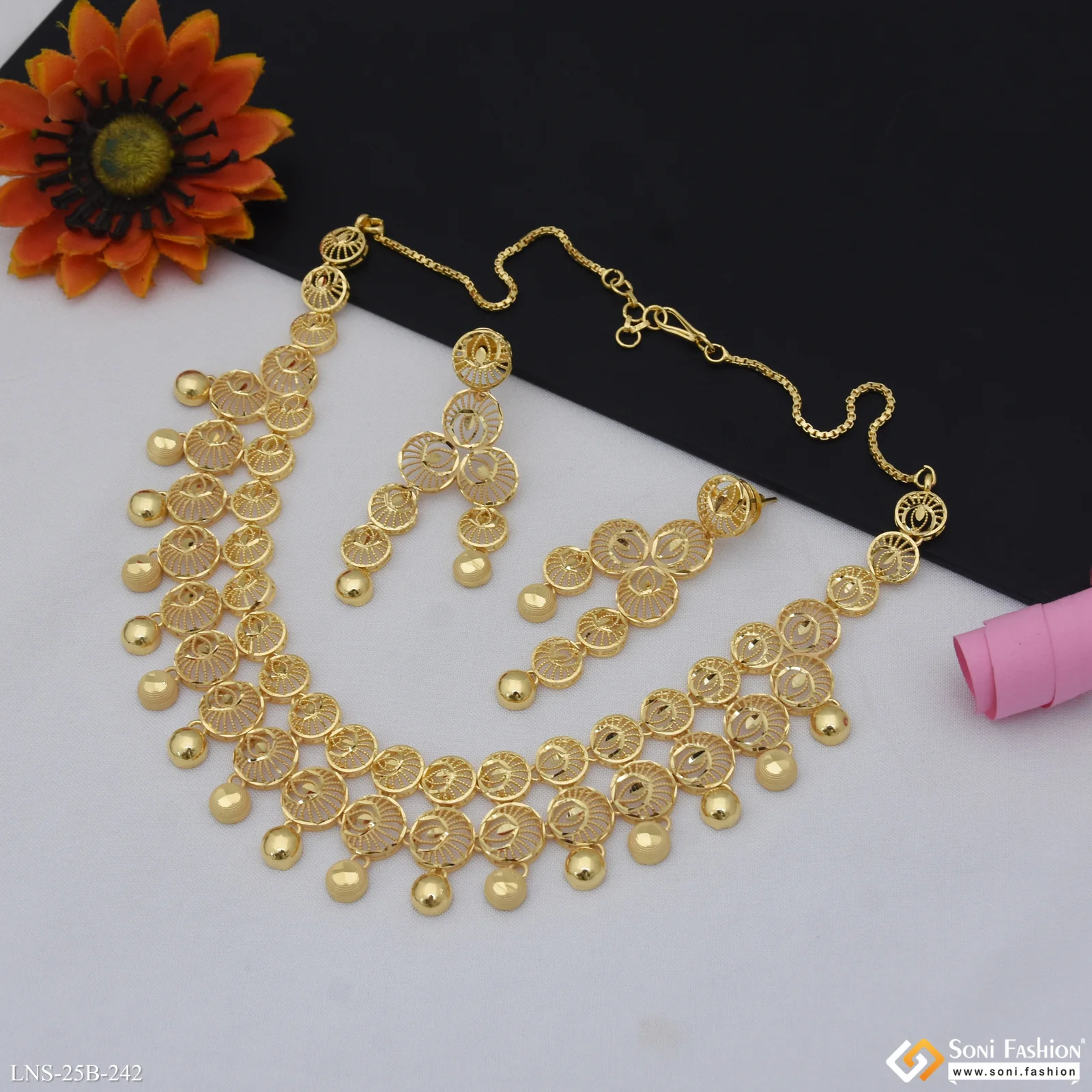1 Gram Gold Plated Graceful Design Necklace Set for Women - Style B242 - Image 3