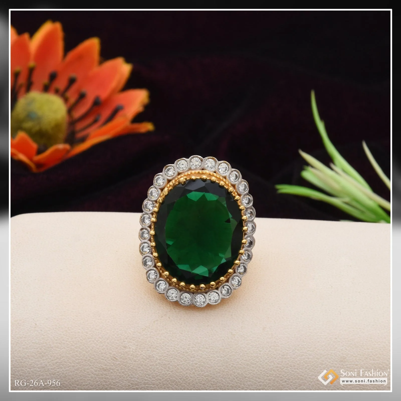 1 Gram Gold Plated Green Colour With Diamond Casual Design Ring - Style A956 - Image 2