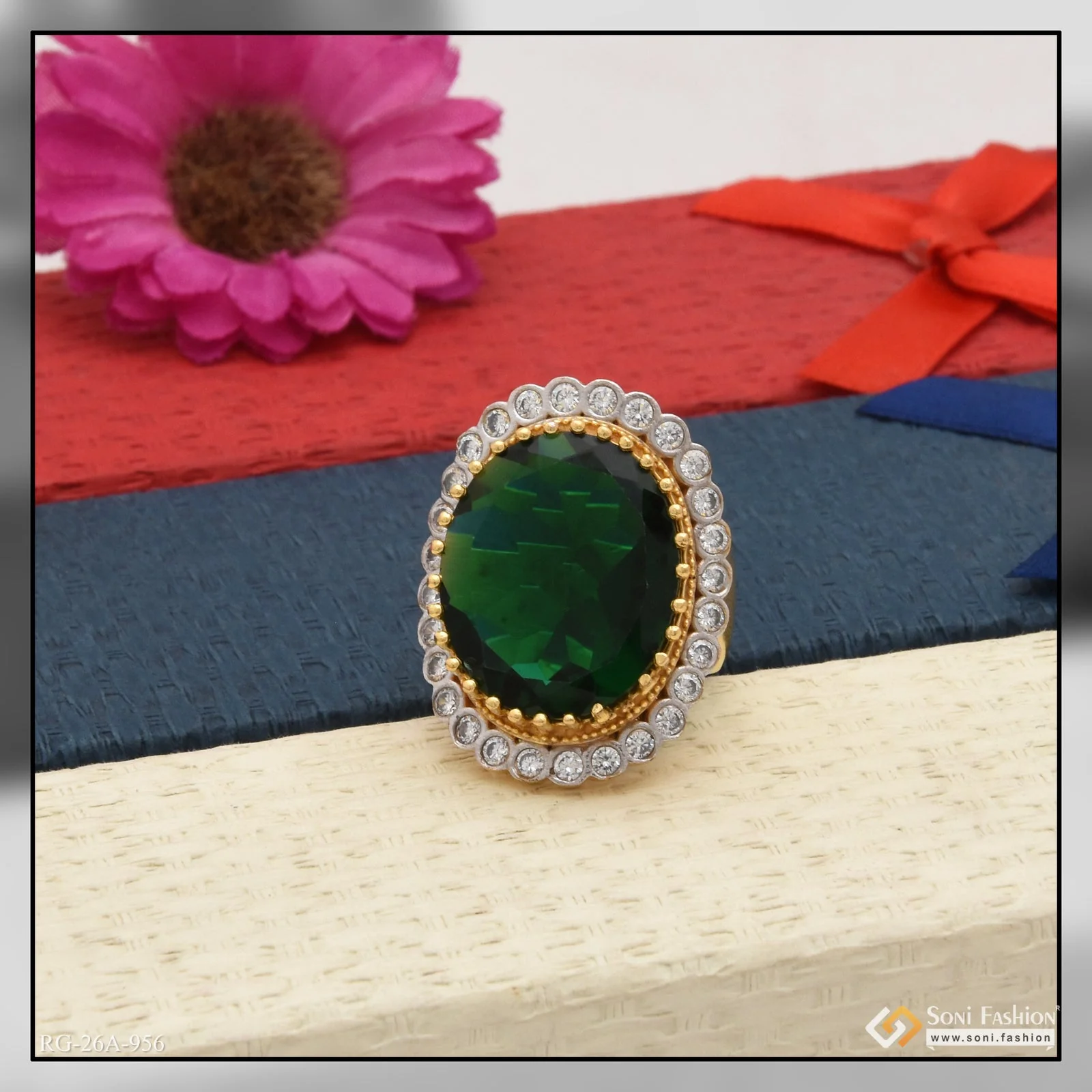 1 Gram Gold Plated Green Colour With Diamond Casual Design Ring - Style A956 - Image 3
