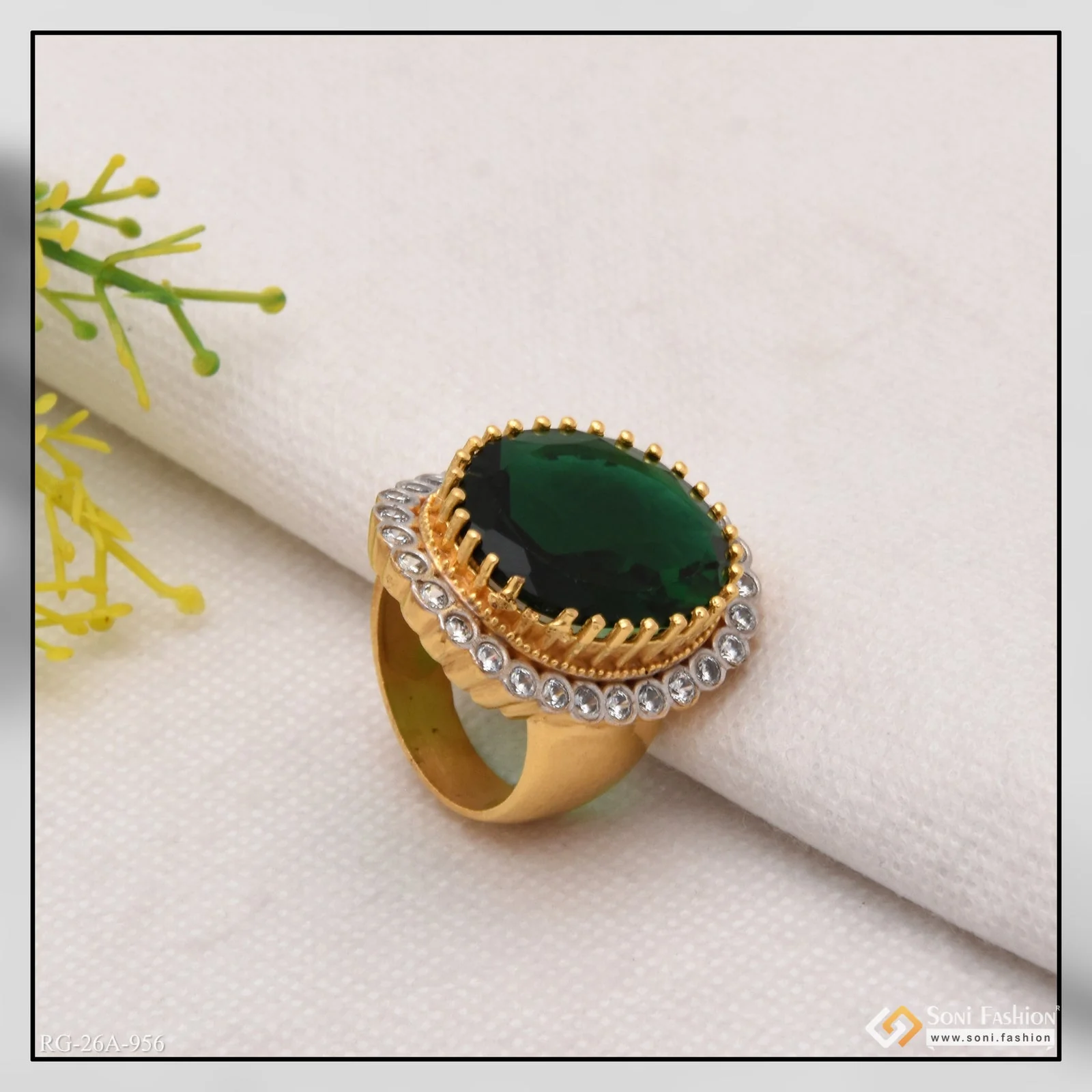 1 Gram Gold Plated Green Colour With Diamond Casual Design Ring - Style A956 - Image 5