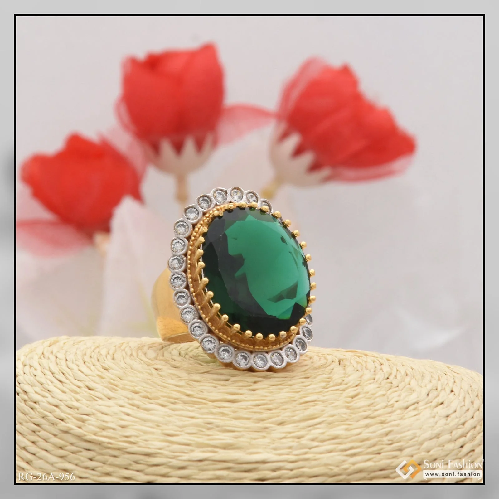 1 Gram Gold Plated Green Colour With Diamond Casual Design Ring - Style A956 - Image 6