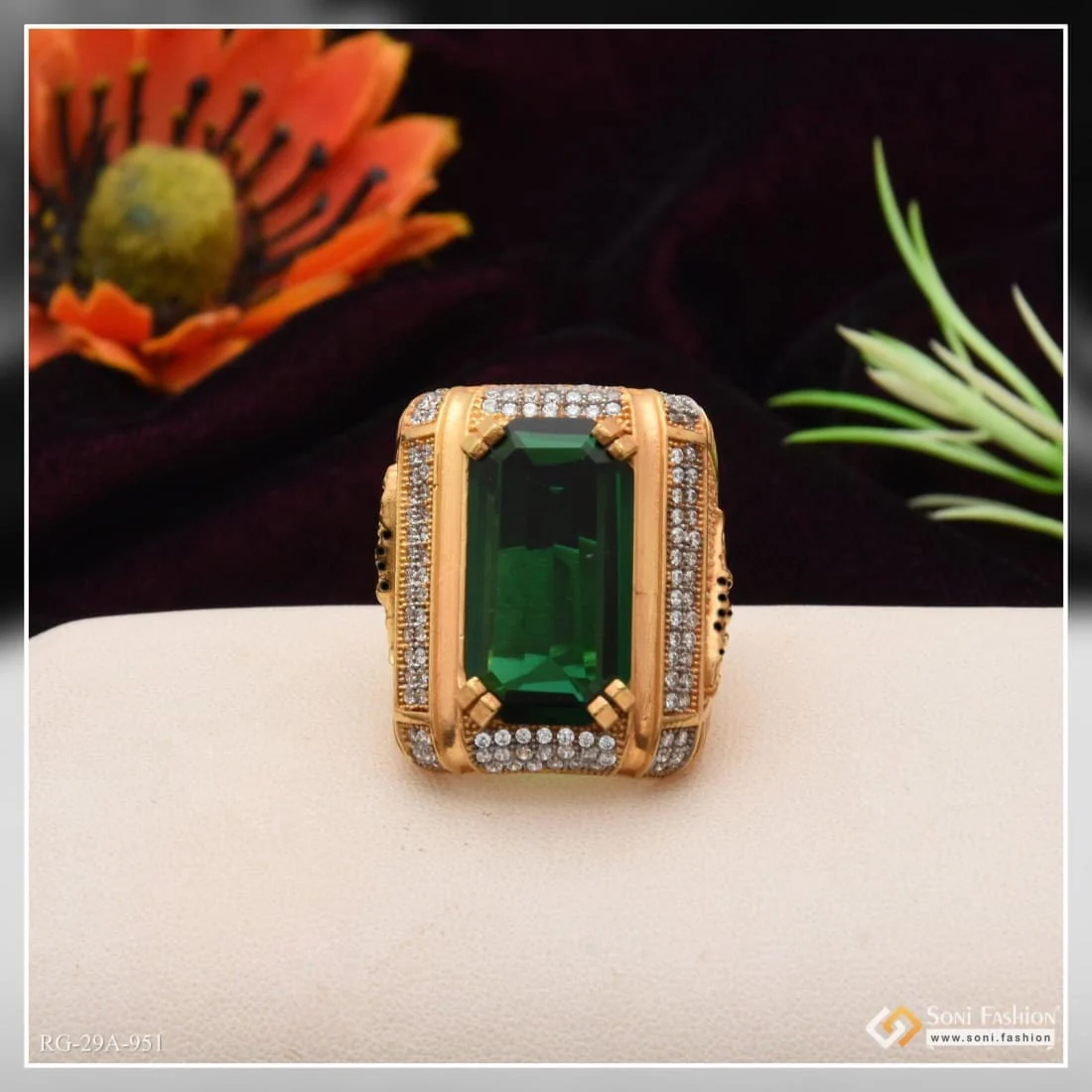 1 Gram Gold Forming Green Colour With Diamond Gold Plated Ring For Men - Style A951 - Image 5