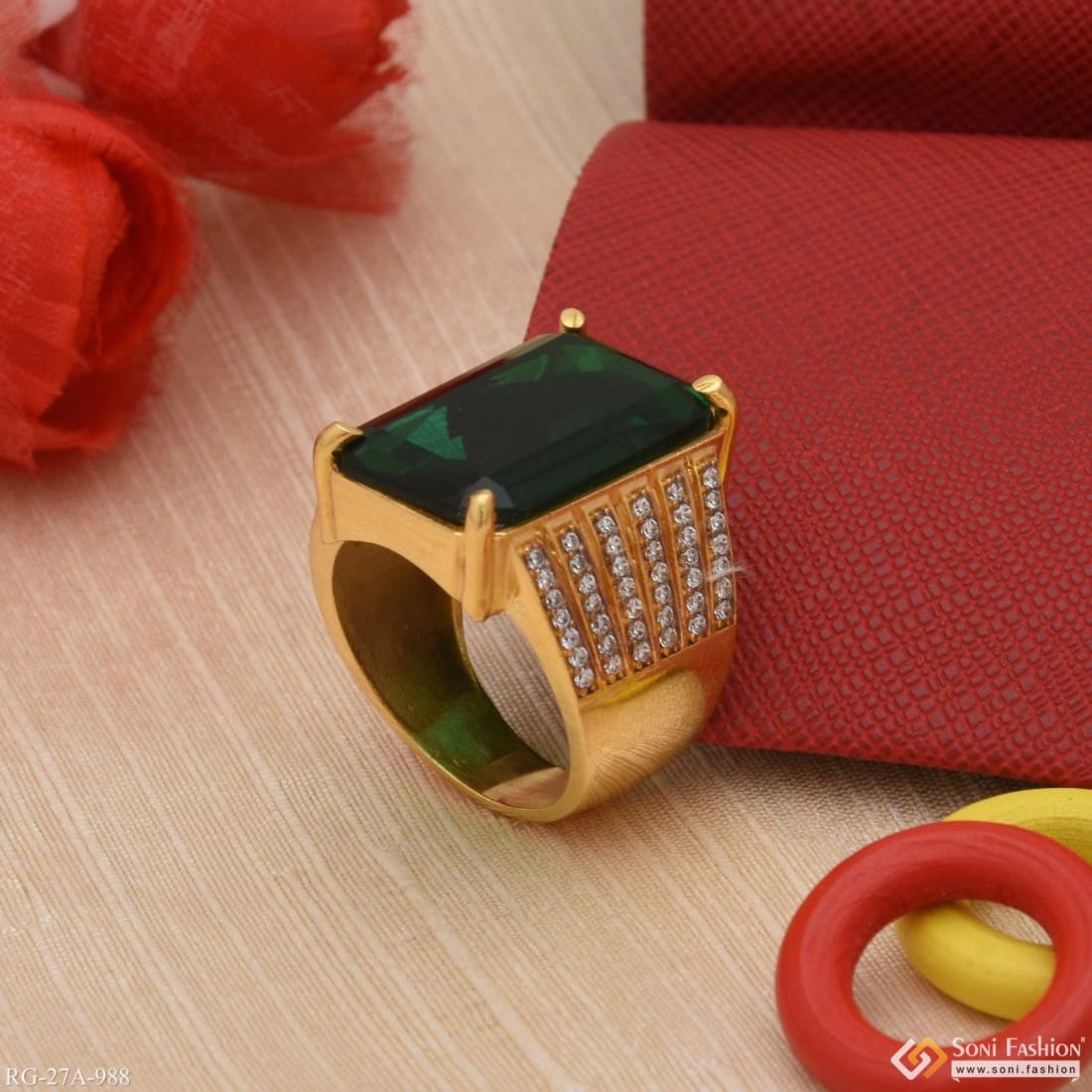 1 Gram Gold Plated Green Ring With Diamond Best Quality Ring For Men - Style A988 - Image 3