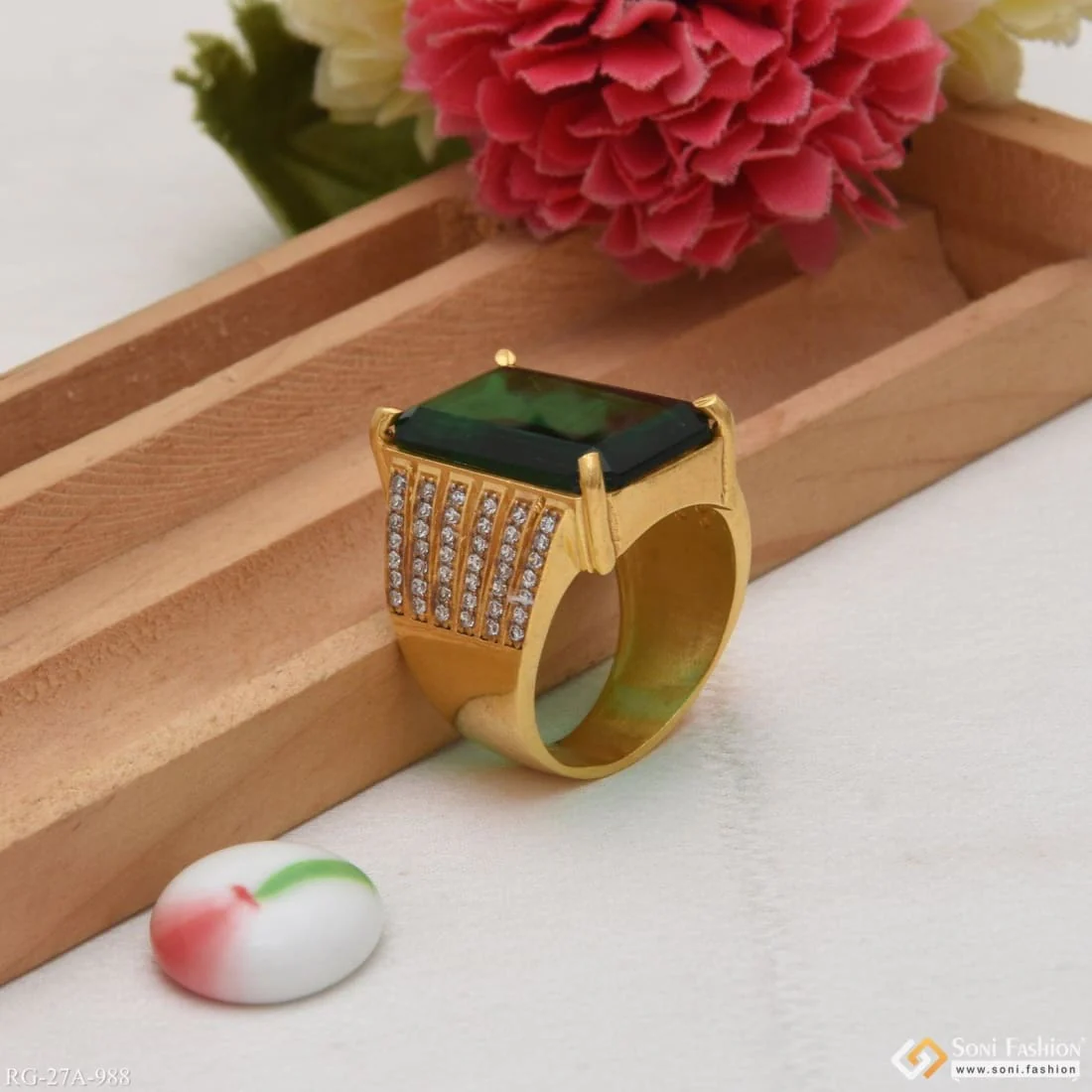 1 Gram Gold Plated Green Ring With Diamond Best Quality Ring For Men - Style A988 - Image 5