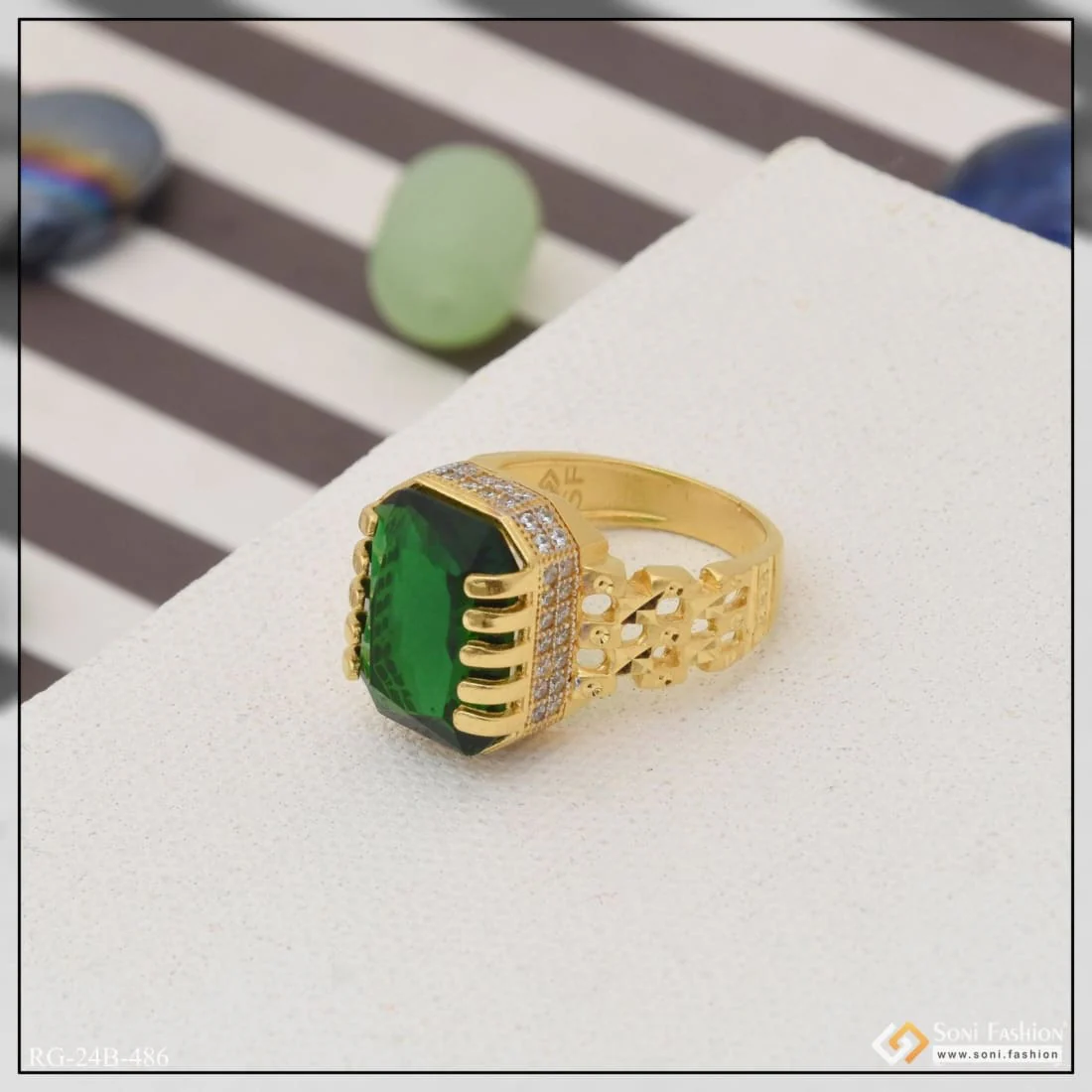 1 Gram Gold Plated Green Stone with Diamond Popular Design Ring for Men - Style B486 - Image 4