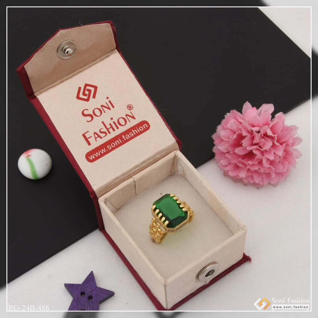 1 Gram Gold Plated Green Stone with Diamond Popular Design Ring for Men - Style B486 - Image 6