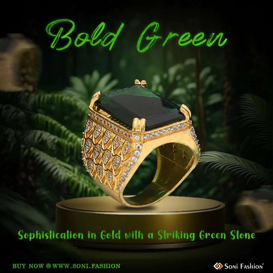 1 Gram Gold Plated - Green Stone Finely Detailed Design Ring for Men - Style A734