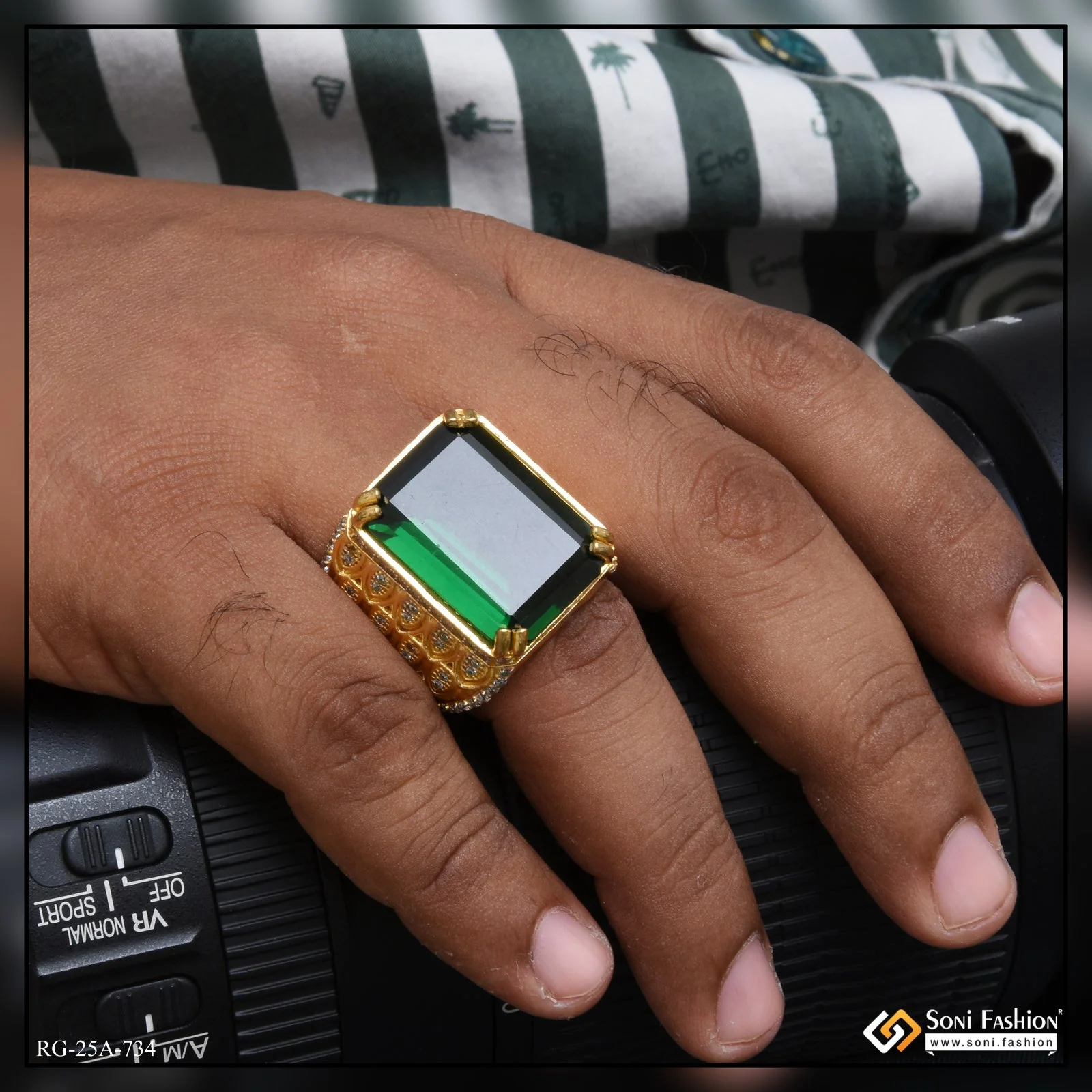 1 Gram Gold Plated - Green Stone Finely Detailed Design Ring for Men - Style A734 - Image 2