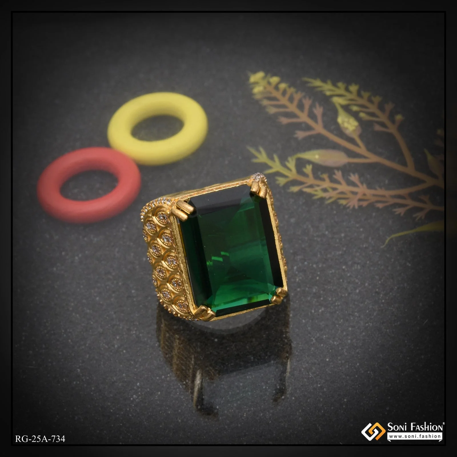 1 Gram Gold Plated - Green Stone Finely Detailed Design Ring for Men - Style A734 - Image 3