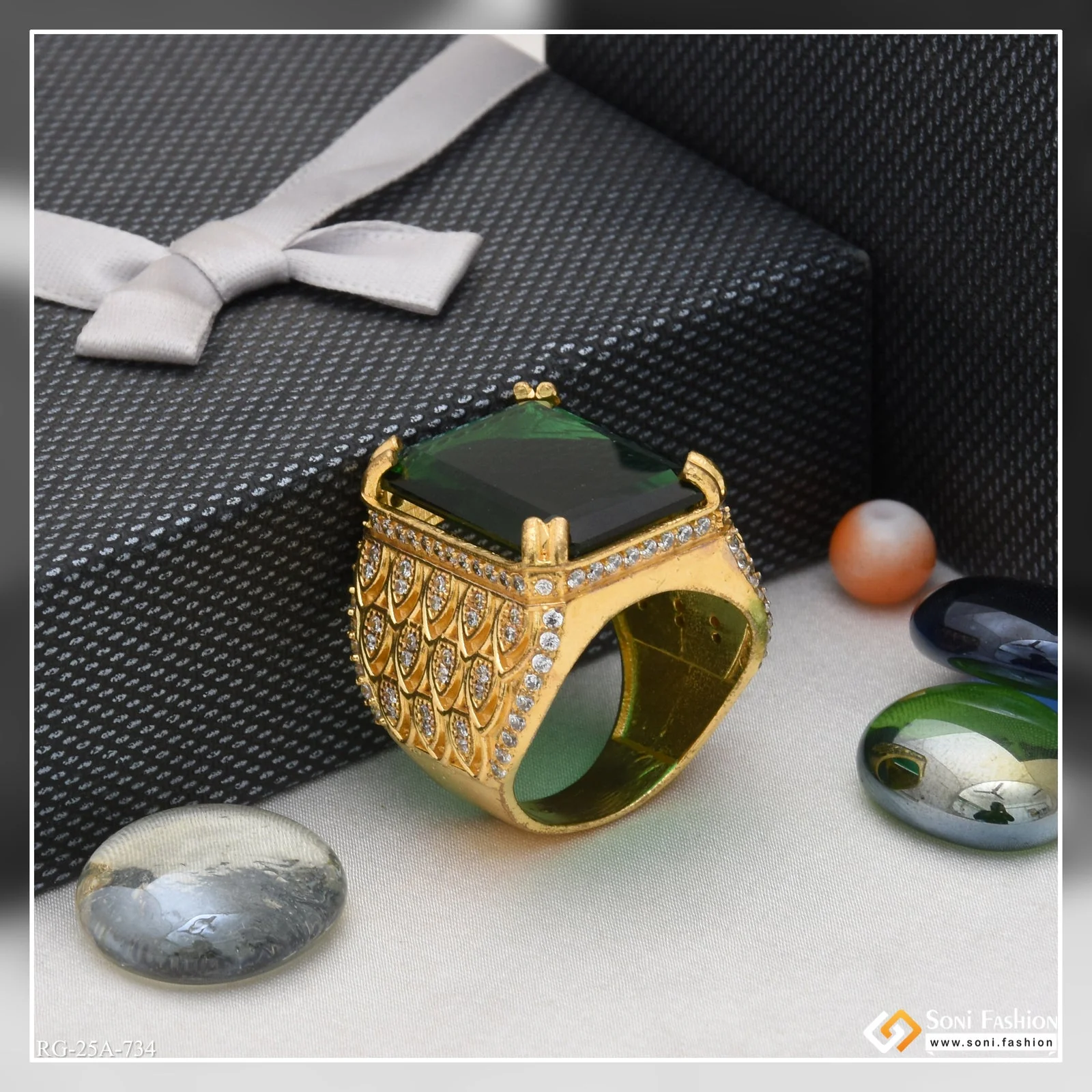 1 Gram Gold Plated - Green Stone Finely Detailed Design Ring for Men - Style A734 - Image 4