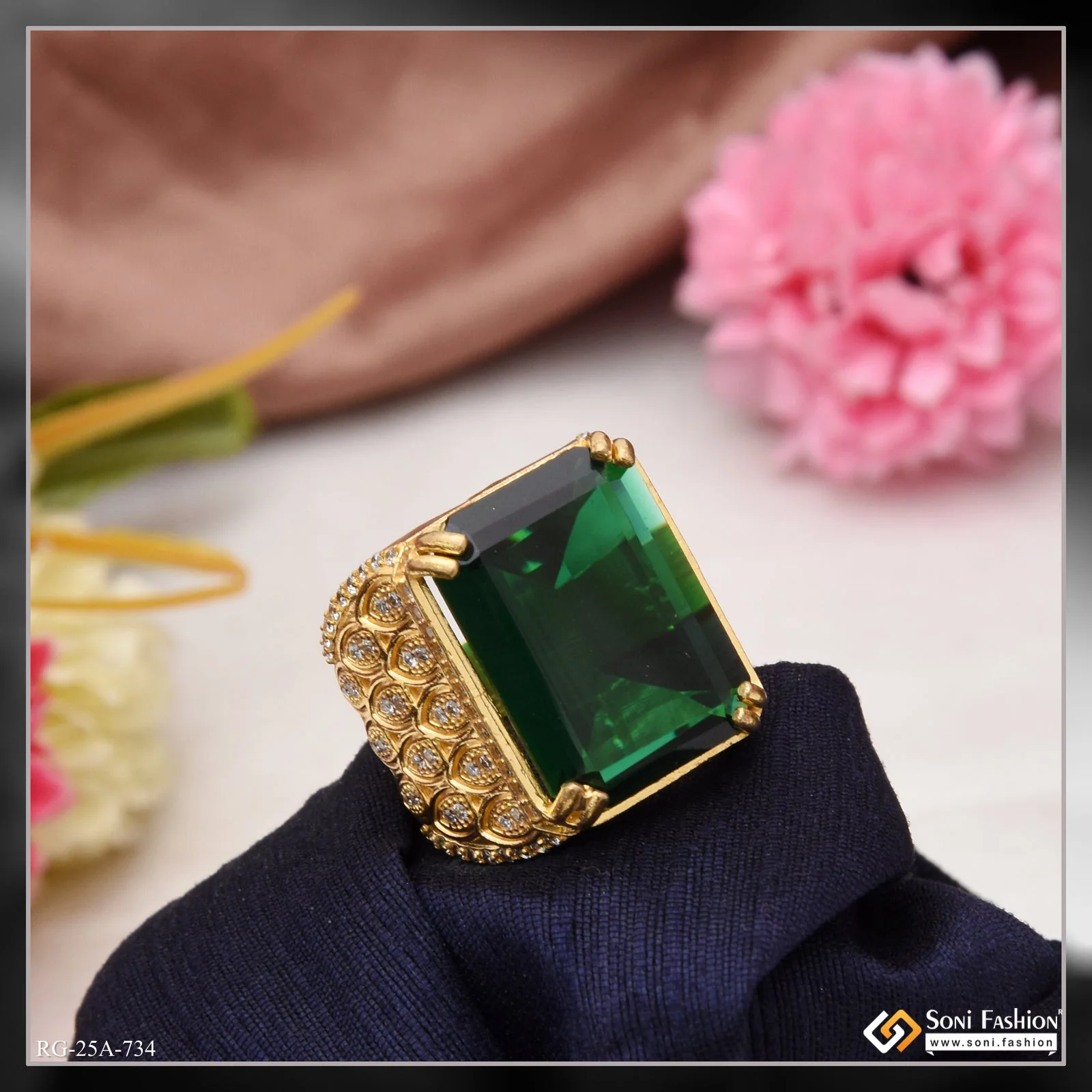 1 Gram Gold Plated - Green Stone Finely Detailed Design Ring for Men - Style A734 - Image 5