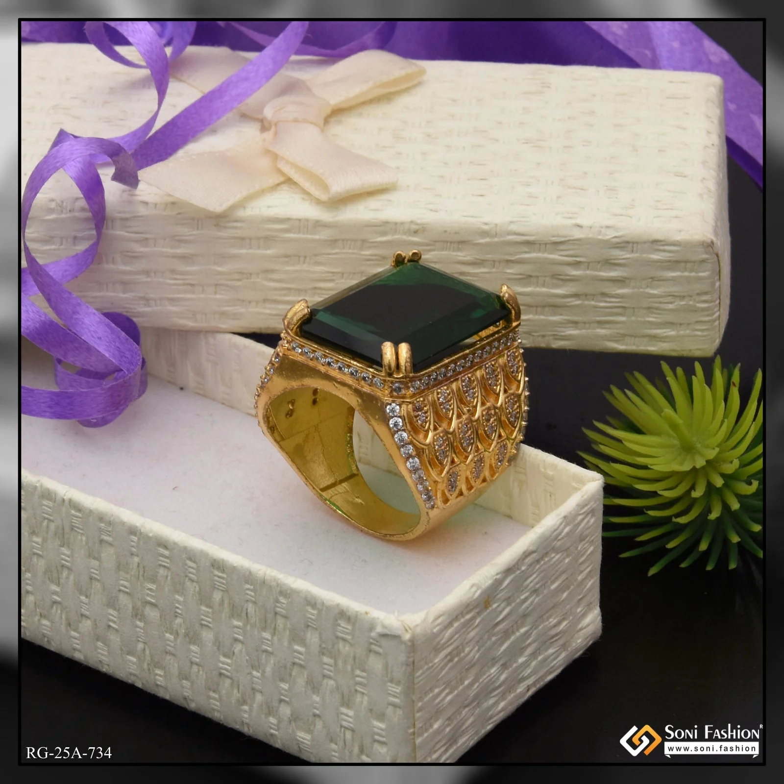 1 Gram Gold Plated - Green Stone Finely Detailed Design Ring for Men - Style A734 - Image 6