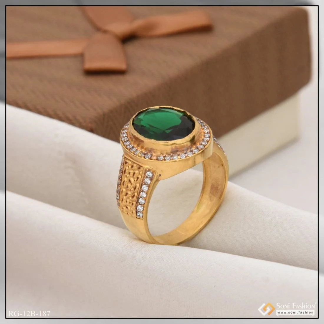 1 Gram Gold Plated Green Stone with Diamond Best Quality Ring for Men - Style B187 - Image 4