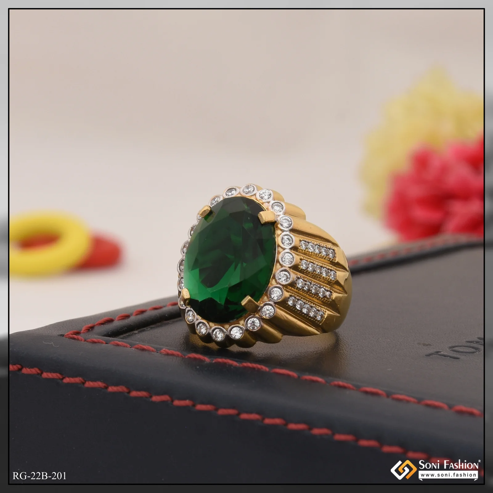 1 Gram Gold Plated Green Stone with Diamond Best Quality Ring for Men - Style B201 - Image 5