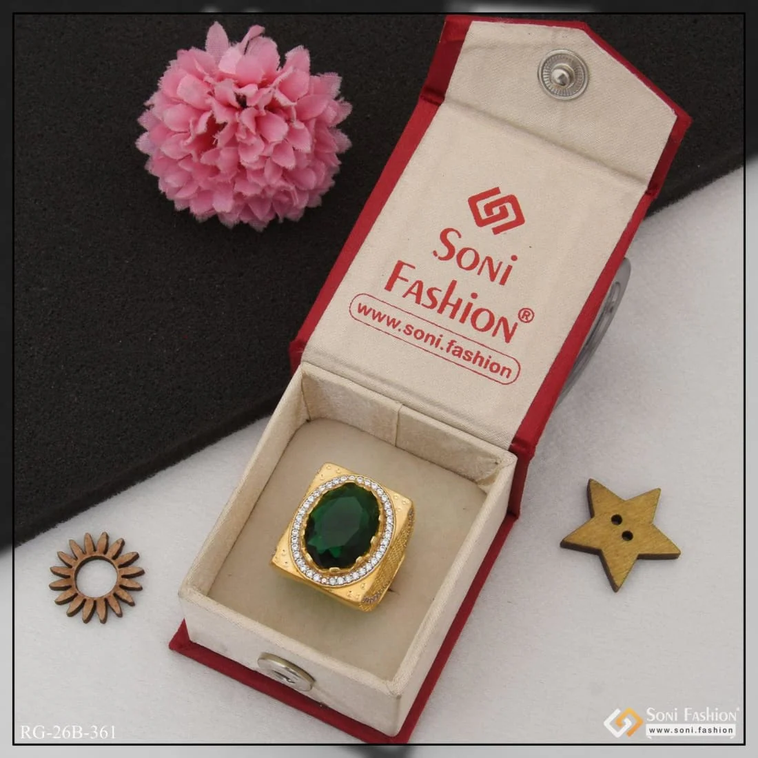 1 Gram Gold Plated Green Stone with Diamond Best Quality Ring for Men - Style B361 - Image 4