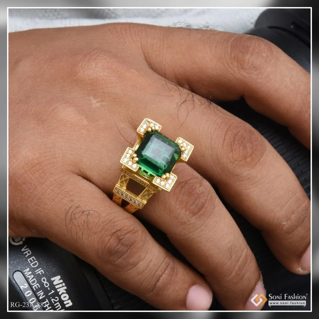 1 Gram Gold Plated Green Stone with Diamond Best Quality Ring - Style A883 - Image 2