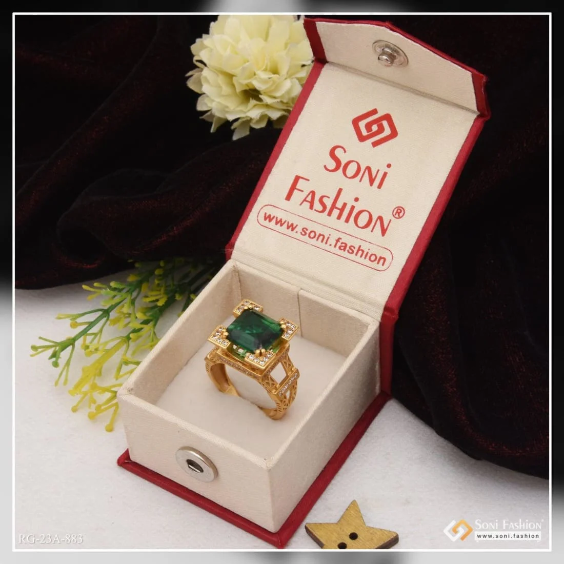 1 Gram Gold Plated Green Stone with Diamond Best Quality Ring - Style A883 - Image 3