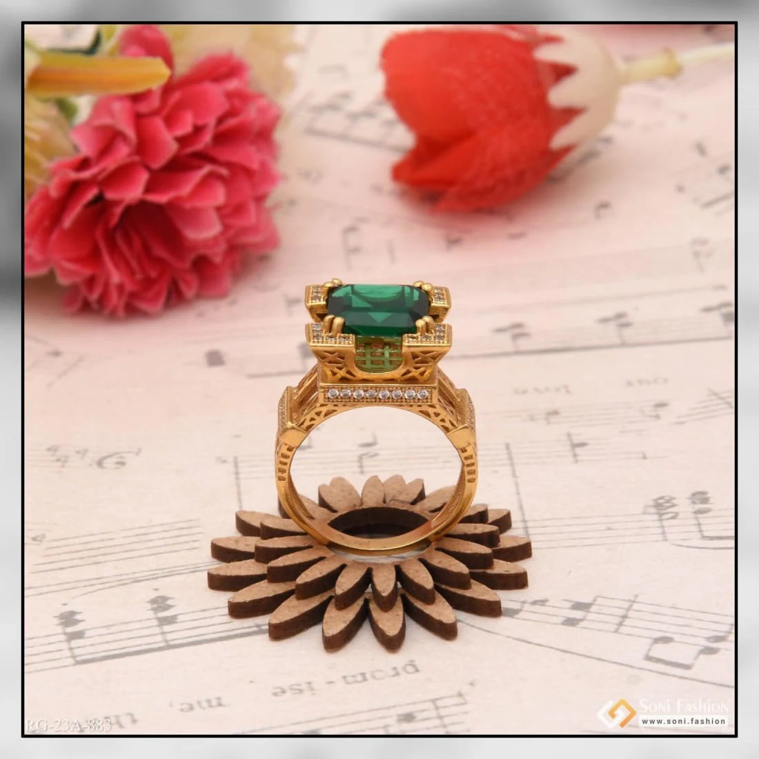 1 Gram Gold Plated Green Stone with Diamond Best Quality Ring - Style A883 - Image 6