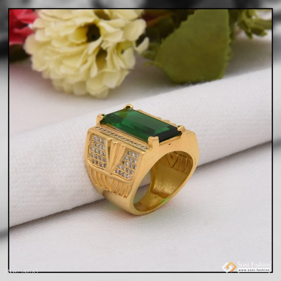 1 Gram Gold Plated Green Stone with Diamond Funky Design Ring for Men - Style A783 - Image 4