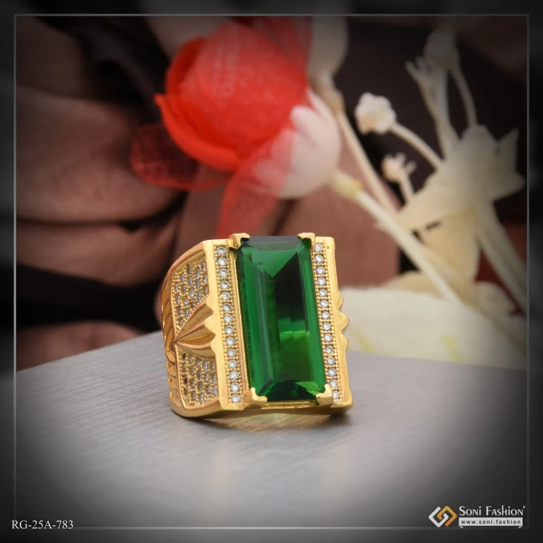 1 Gram Gold Plated Green Stone with Diamond Funky Design Ring for Men - Style A783 - Image 5