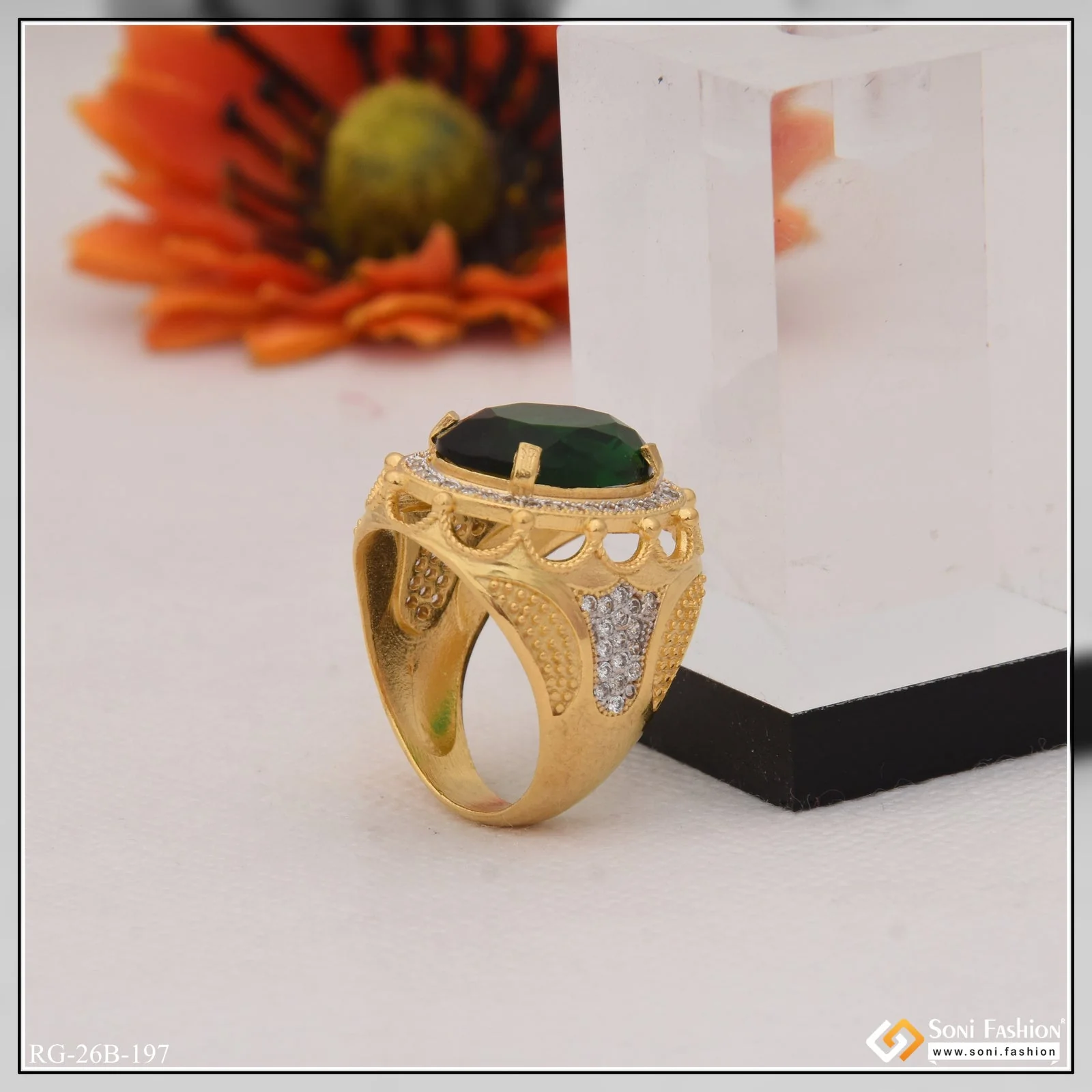 1 Gram Gold Plated Green Stone With Diamond Funky Design Ring For Men - Style B197 - Image 5