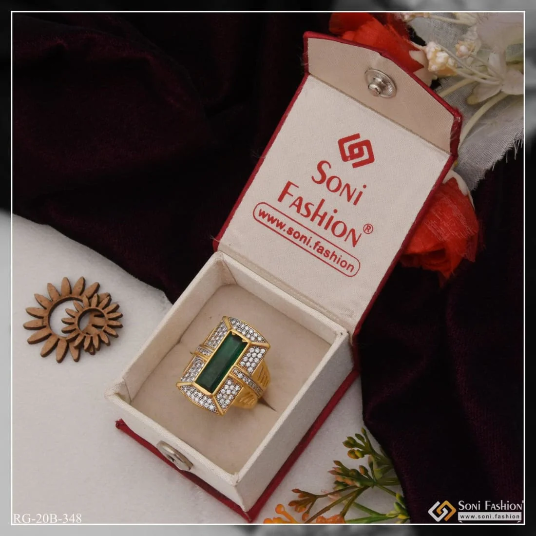 1 Gram Gold Plated Green Stone With Diamond Funky Design Ring For Men - Style B348 - Image 2