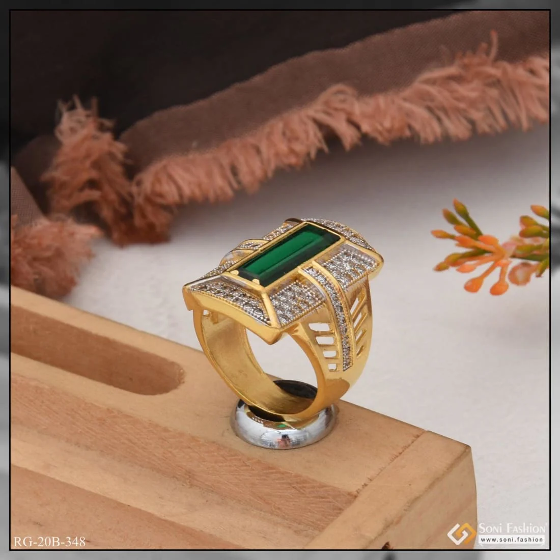1 Gram Gold Plated Green Stone With Diamond Funky Design Ring For Men - Style B348 - Image 5