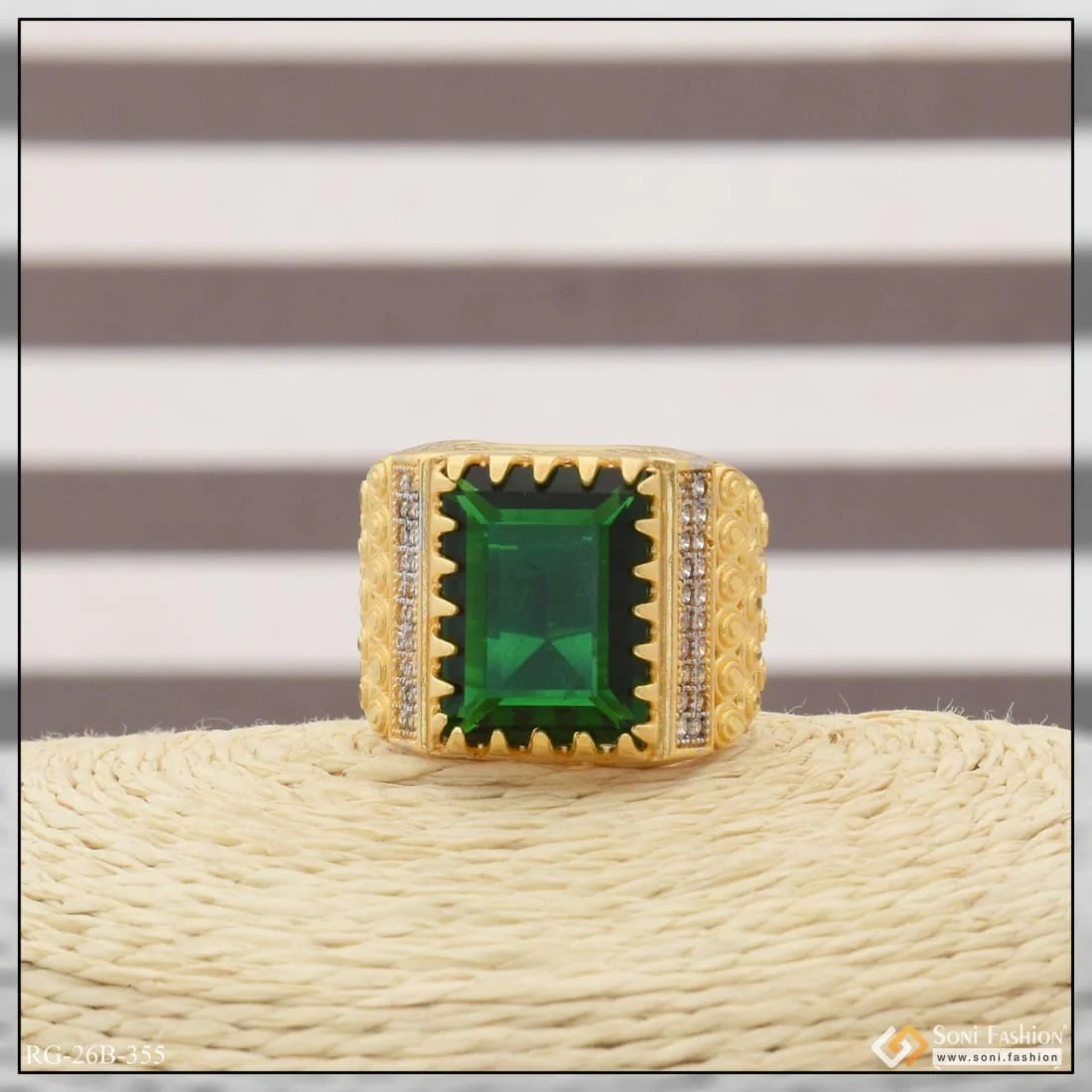 1 Gram Gold Plated Green Stone With Diamond Funky Design Ring For Men - Style B355 - Image 5