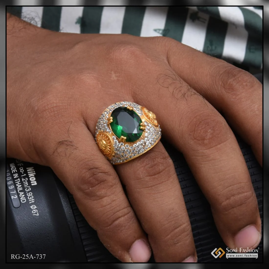 1 Gram Gold Plated - Green Stone With Diamond Gorgeous Design Ring - Style A737
