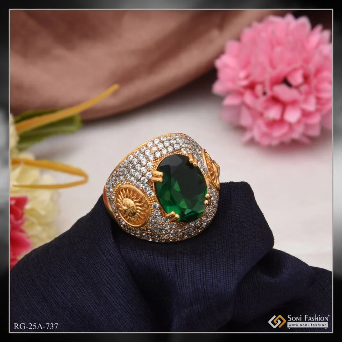 1 Gram Gold Plated - Green Stone With Diamond Gorgeous Design Ring - Style A737 - Image 3