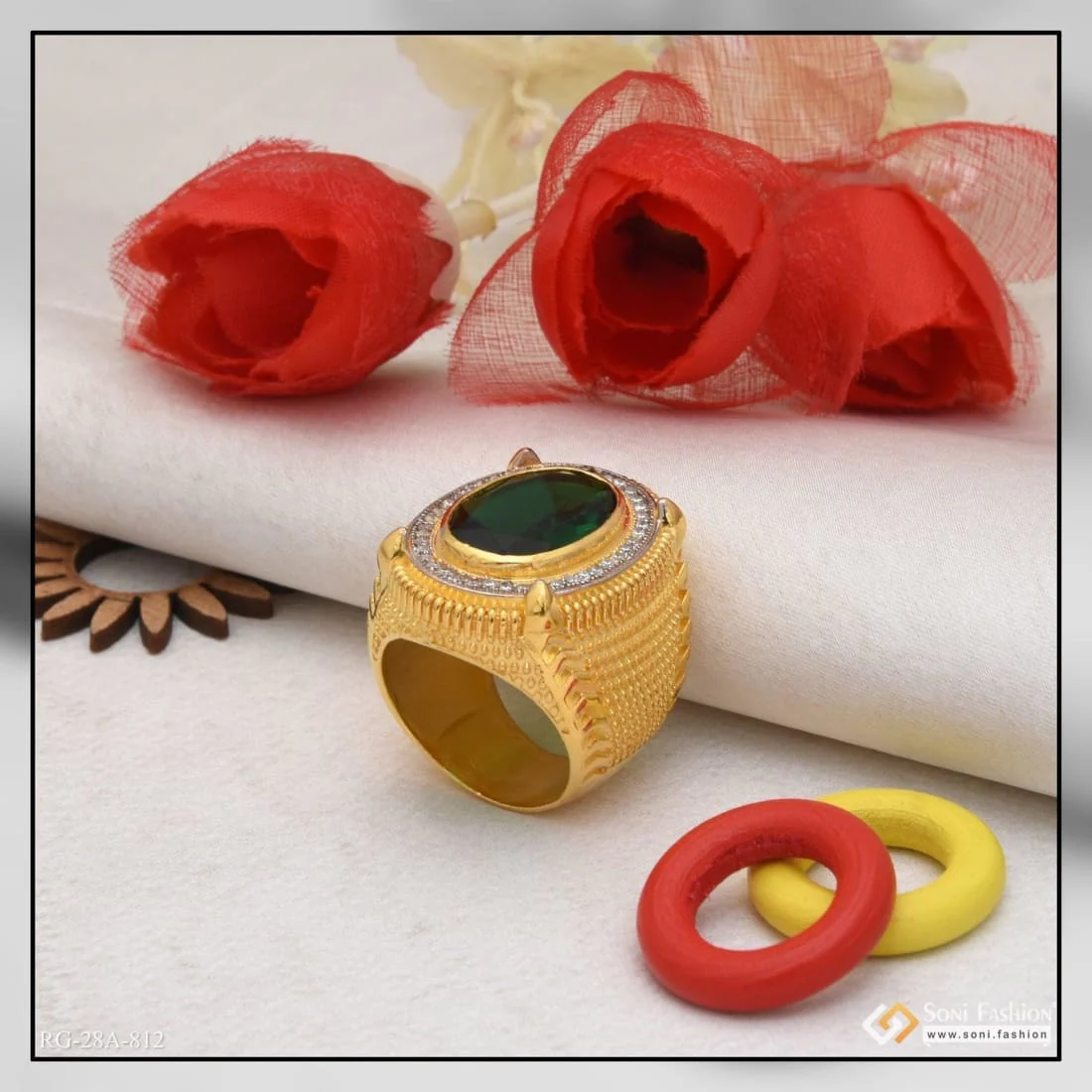 1 Gram Gold Plated Green Stone with Diamond Sophisticated Design Ring - Style A812 - Image 5